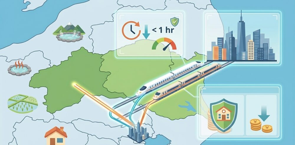 新幹線で東京へ向かう路線のイメージ